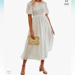Casual Short Sleeve Smocked Midi Dress Puff Sleeve A Line Flowy Midi Long Dress